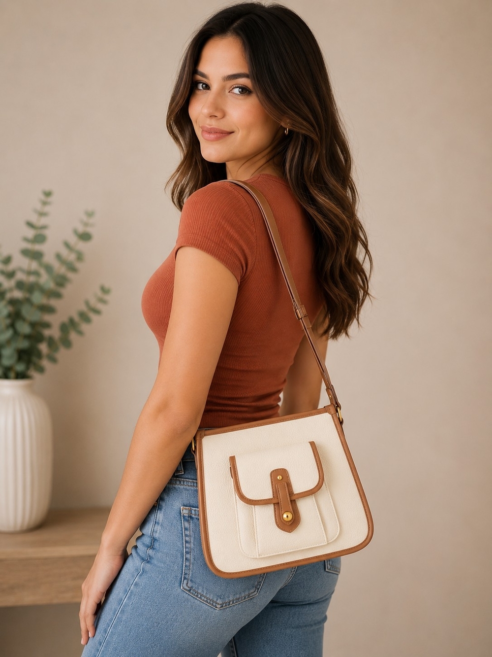 Scarleton Cream & Brown Crossbody Bag | Adjustable Strap | Gold Hardware